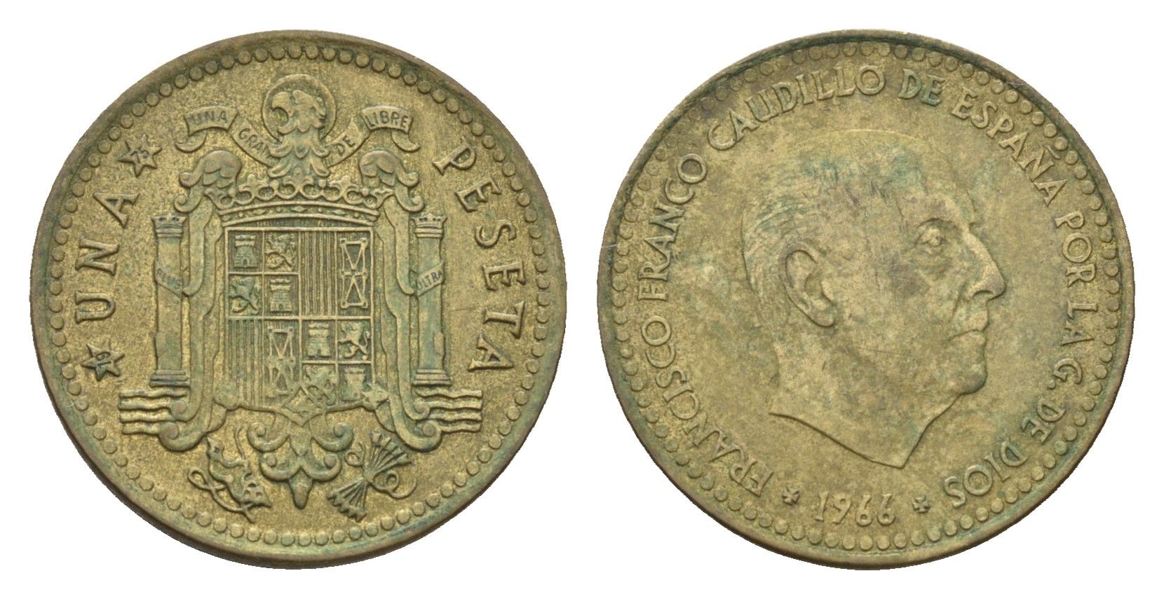 Испания 1 песета 1966 (75) Франциско Франко (1939-1975) KM 796 алюминиевая бронза 4616-917