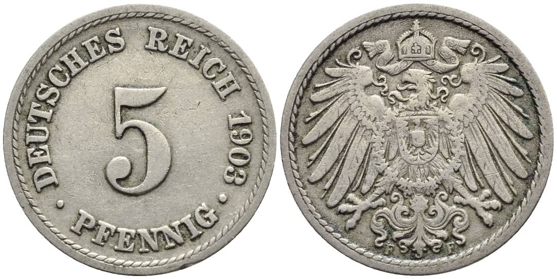 ГЕРМАНИЯ 5 ПФЕННИГОВ 1903 F KM 11, Jager 12, Weege 6 медно-никель 4547-433