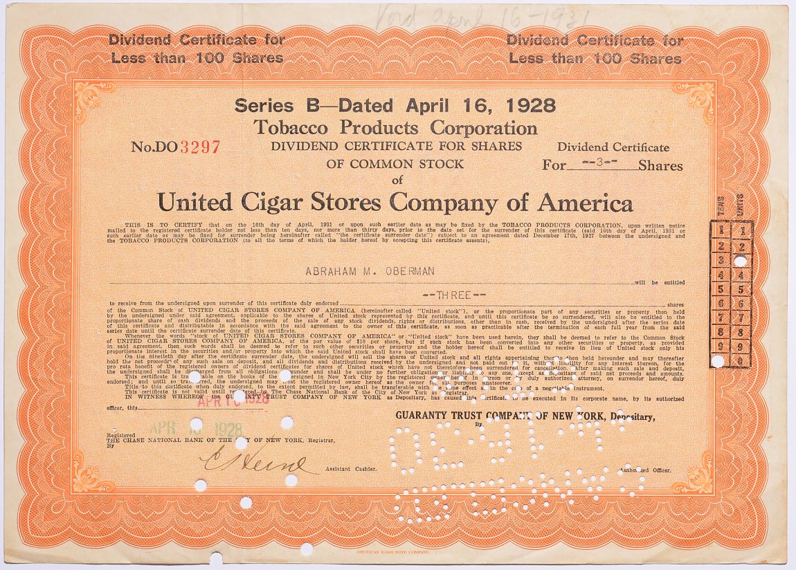 США 3 акции 1928 Объединенной сигарной компании   бумага   5547-7-2-1