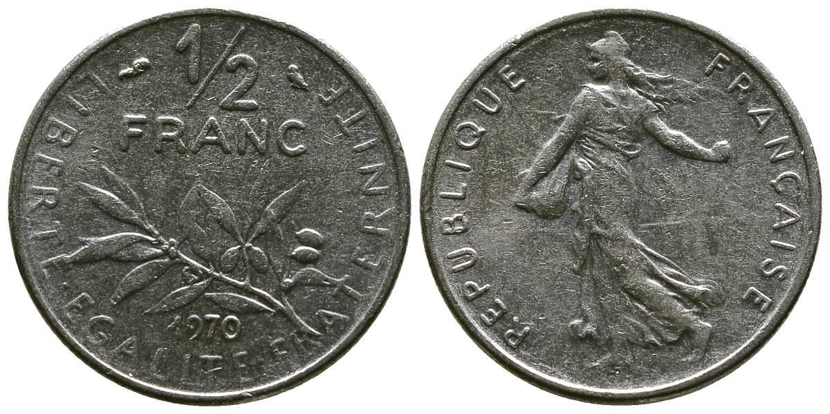 ФРАНЦИЯ 1/2 ФРАНКА 1970 KM 931.1 никель 4381-631