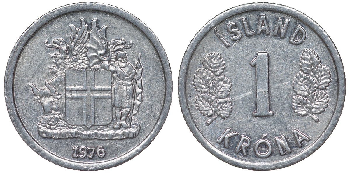 Исландия 1 крона 1976 KM 23 алюминий 4124-461