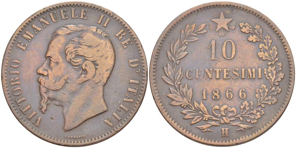 ИТАЛИЯ 10 ЧЕНТЕЗИМО 1866 H, МОНДВОР БИРМИНГЕМ, ВИКТОР ЭММАНУИЛ II (1861-1878) KM 11.3 медь 4526-815