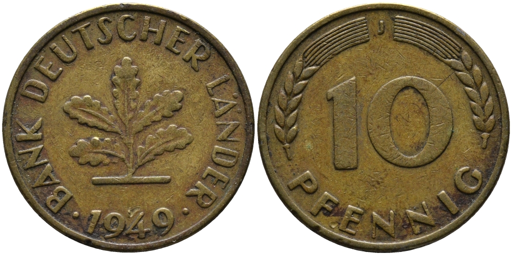 ФРГ 10 ПФЕННИГОВ 1949 J KM 103, J.378 сталь плакированная латунью 33-112