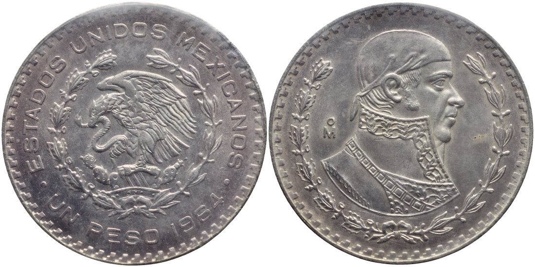 Мексика 1 песо 1964 Хосе Мария Морелос, в оригинальной запайке KM 459 серебро UNC 633-734