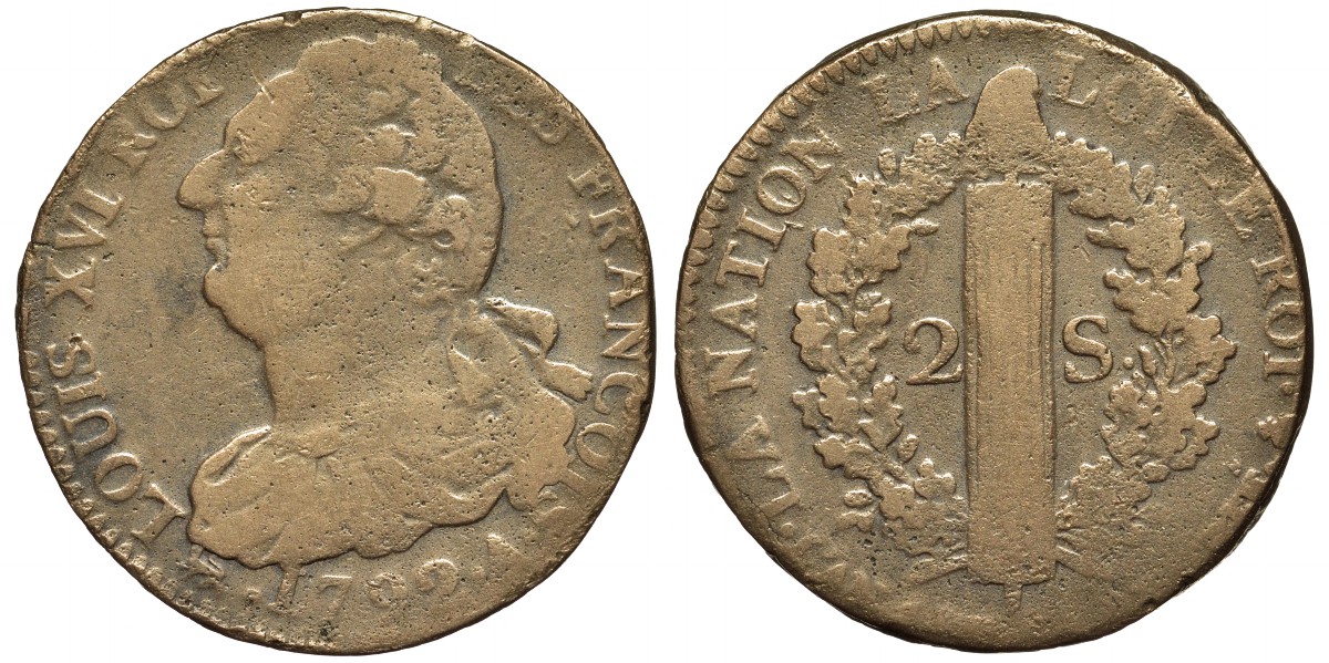 ФРАНЦИЯ 2 СОЛЯ 1792 А, МОНДВОР ПАРИЖ, ЛЮДОВИК XVI (1774-1793) KM 603.1 (С 89.1) бронза 1524-1345