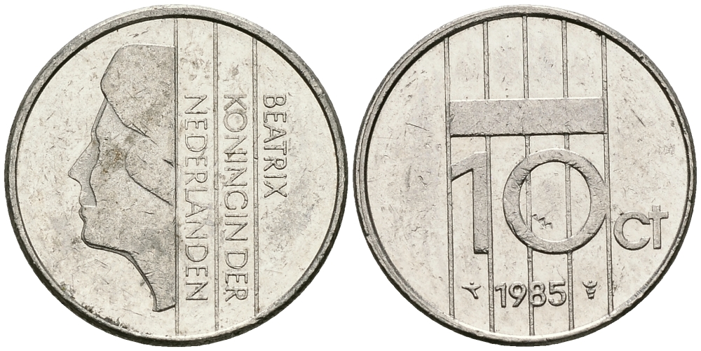 НИДЕРЛАНДЫ 10 ЦЕНТОВ 1985 БЕАТРИКС KM 203 никель 96-547