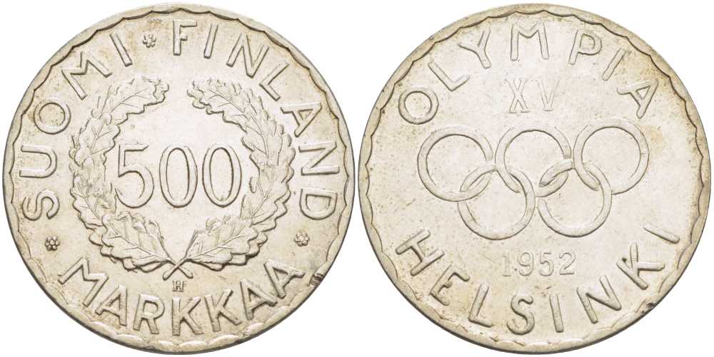 Финляндия 500 марок 1952 H, XV зимние Олимпийские игры в Хельсинки 1952 года KM 35 серебро 1087-5-64