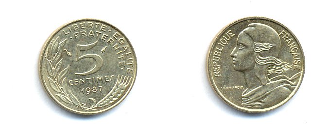 ФРАНЦИЯ 5 САНТИМОВ 1987 ТИП MARIANNE KM 933 медь алюминий никель 4379-565