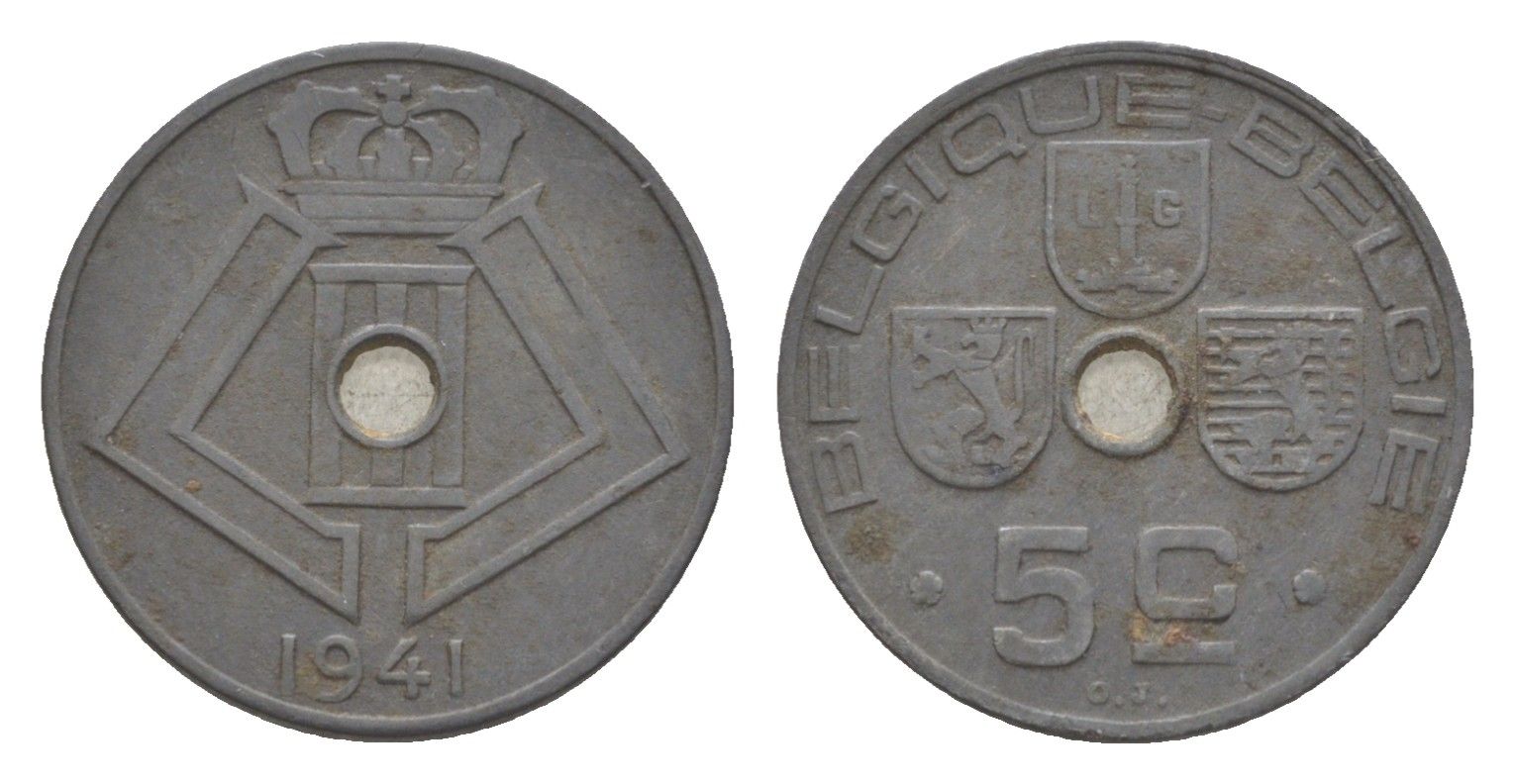 Бельгия 5 сантимов 1941 Belgique - Belgie, Леопольд III (1934-1947), германская оккупация, Вторая мировая война KM 123 цинк 4640-1135