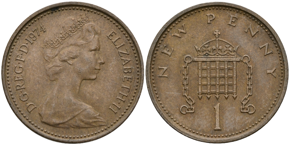 Великобритания 1 пенни 1974 Елизавета II (1952-2022) KM 915, Spink 4237 (B1) бронза 4396-1122