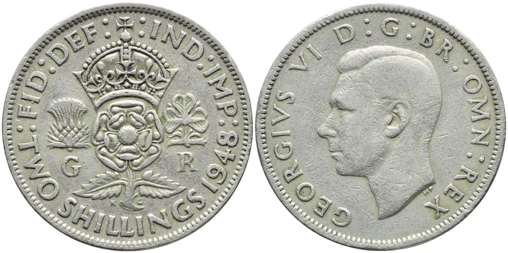 Великобритания 2 шиллинга (флорин) 1948 Георг VI (1936-1952) KM 865, Spink 4102 медно-никель 4394-1033