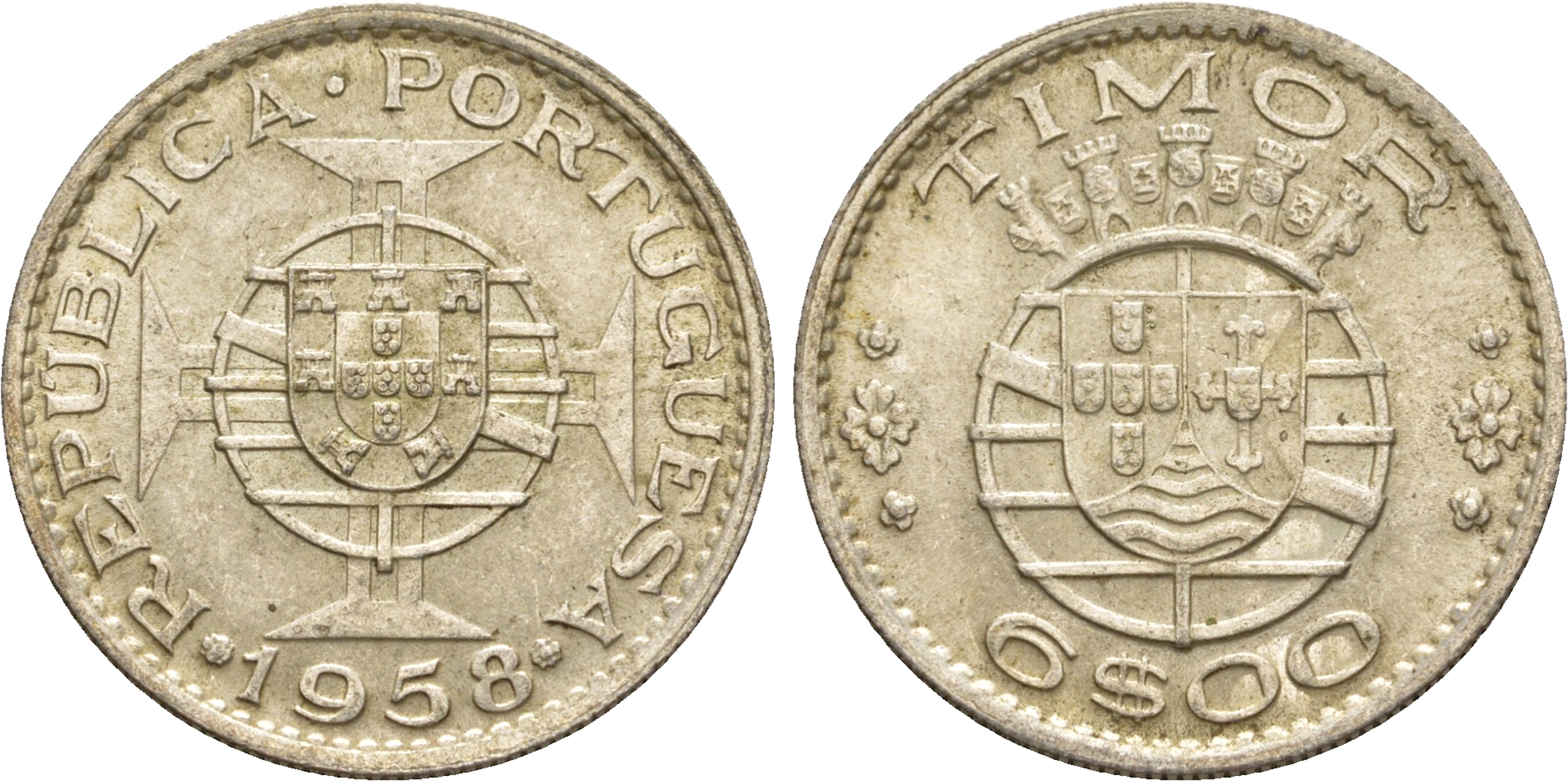 Португальский Тимор 6 эскудо 1958  KM 15 серебро  aUNC  4635-911