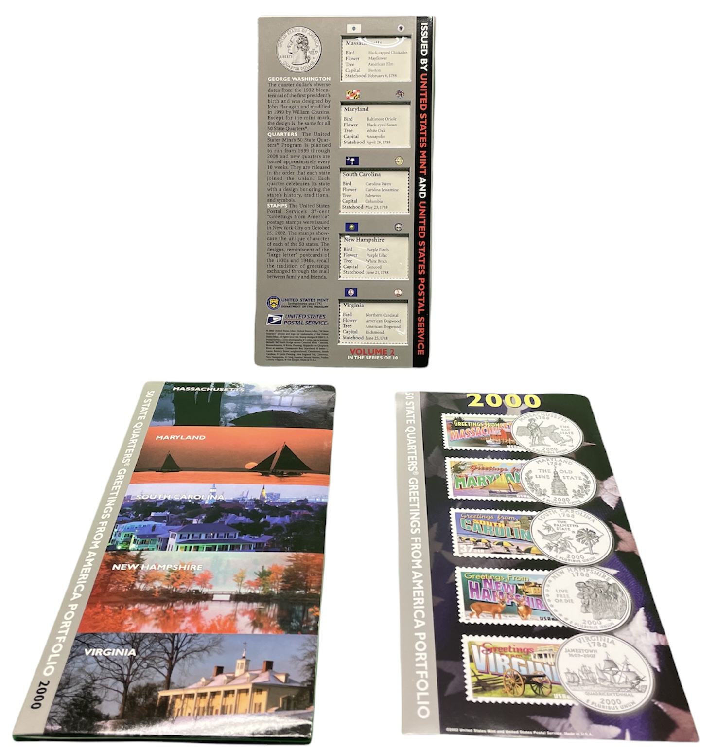 США набор из 5 монет квотеров + 5 марок 2000 в оригинальном буклете с описанием, запайка, Массачусетс, Мэриленд, Южная Каролина, Нью-Гемпшир, Вирджиния медь плакированная медно-никелем UNC 7-5-6-19