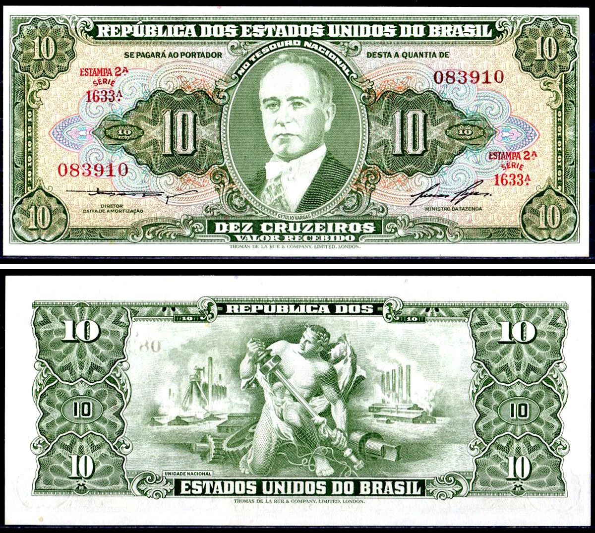 Бразилия 10 крузейро ND (1958) Pick 159 d бумага UNC (пресс) 402-55-3-2