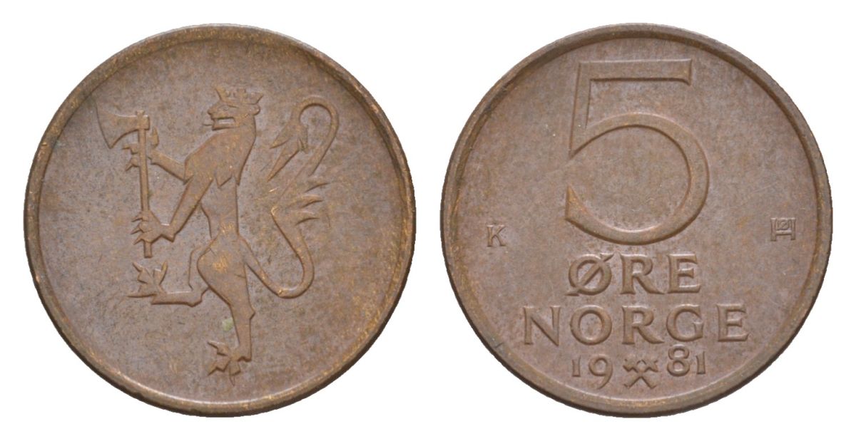 Норвегия 5 эре 1981 Улаф V (1957-1991) KM 415 бронза 4632-1267