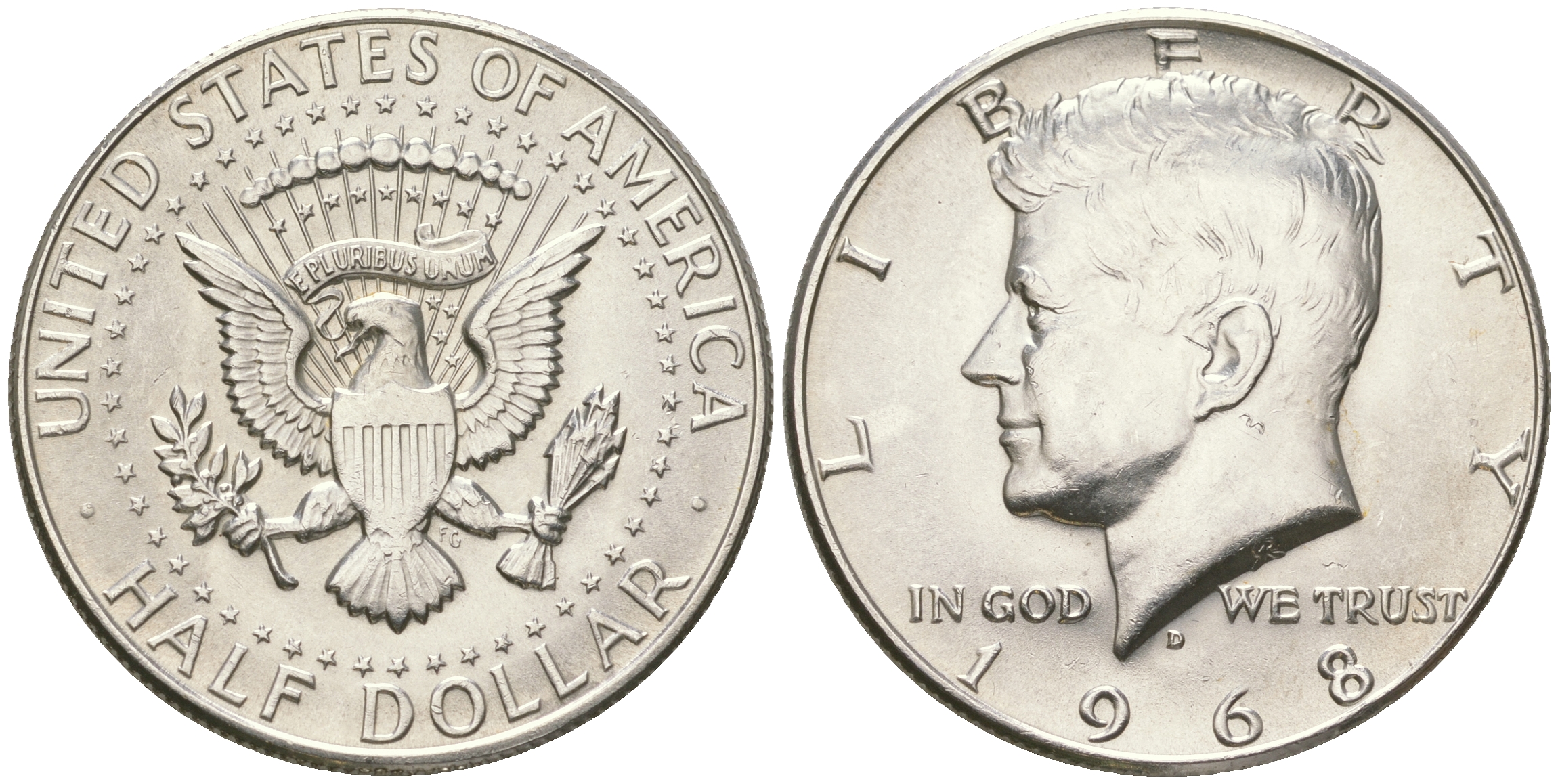 США 1/2 доллара (50 центов) 1968 D, Джон Кеннеди KM 202a серебро  UNC  4178-1012