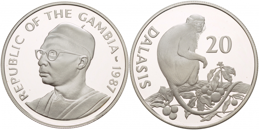 Гамбия 20 даласи 1987 серия защита окружающей среды, обезьяна, тираж 25000 экз. KM 24 серебро PROOF