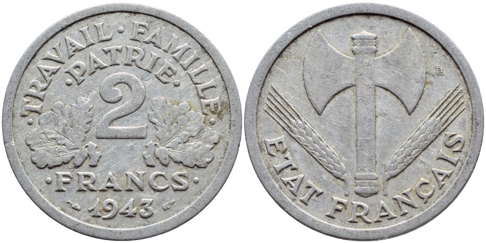 Франция 2 франка 1943 правительство Виши KM 904.1 алюминий 4397-724
