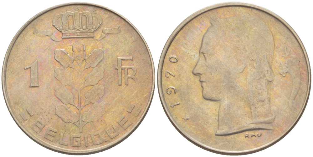 БЕЛЬГИЯ 1 ФРАНК 1970 BELGIQUE, БОДУЭН I (1951-1993) KM 142.1 медно-никель 213-526