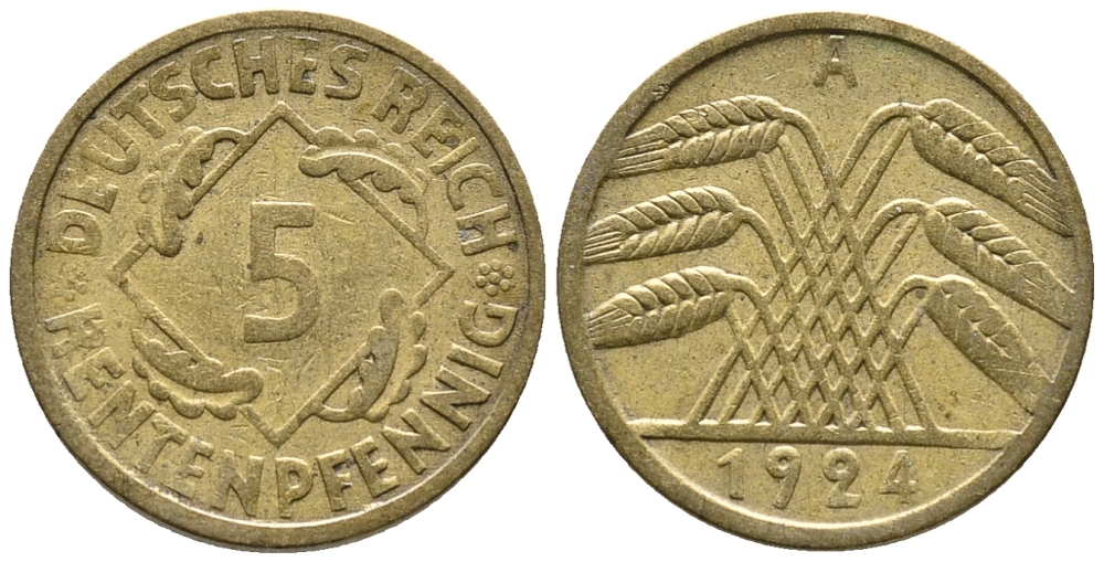 ГЕРМАНИЯ 5 РЕНТЕНПФЕННИГОВ 1924 A KM 32, J. 308 алюминиевая бронза 39-445