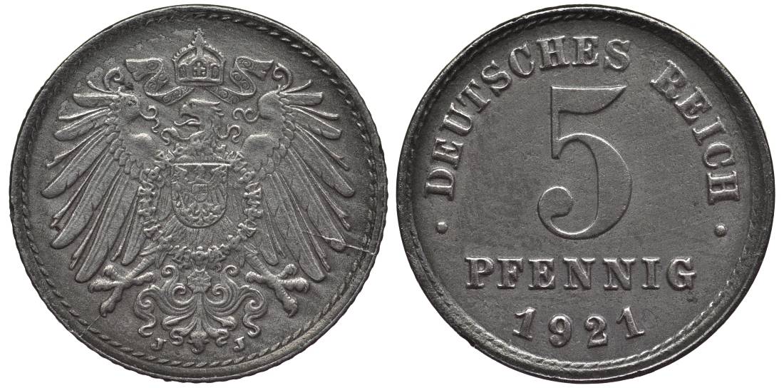 Германия 5 пфеннигов 1921 J KM 19, J. 297, Weege 5 железо 4547-633