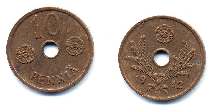 ФИНЛЯНДИЯ 10 ПЕННИ 1942 KM 33.1 медь 51-4959