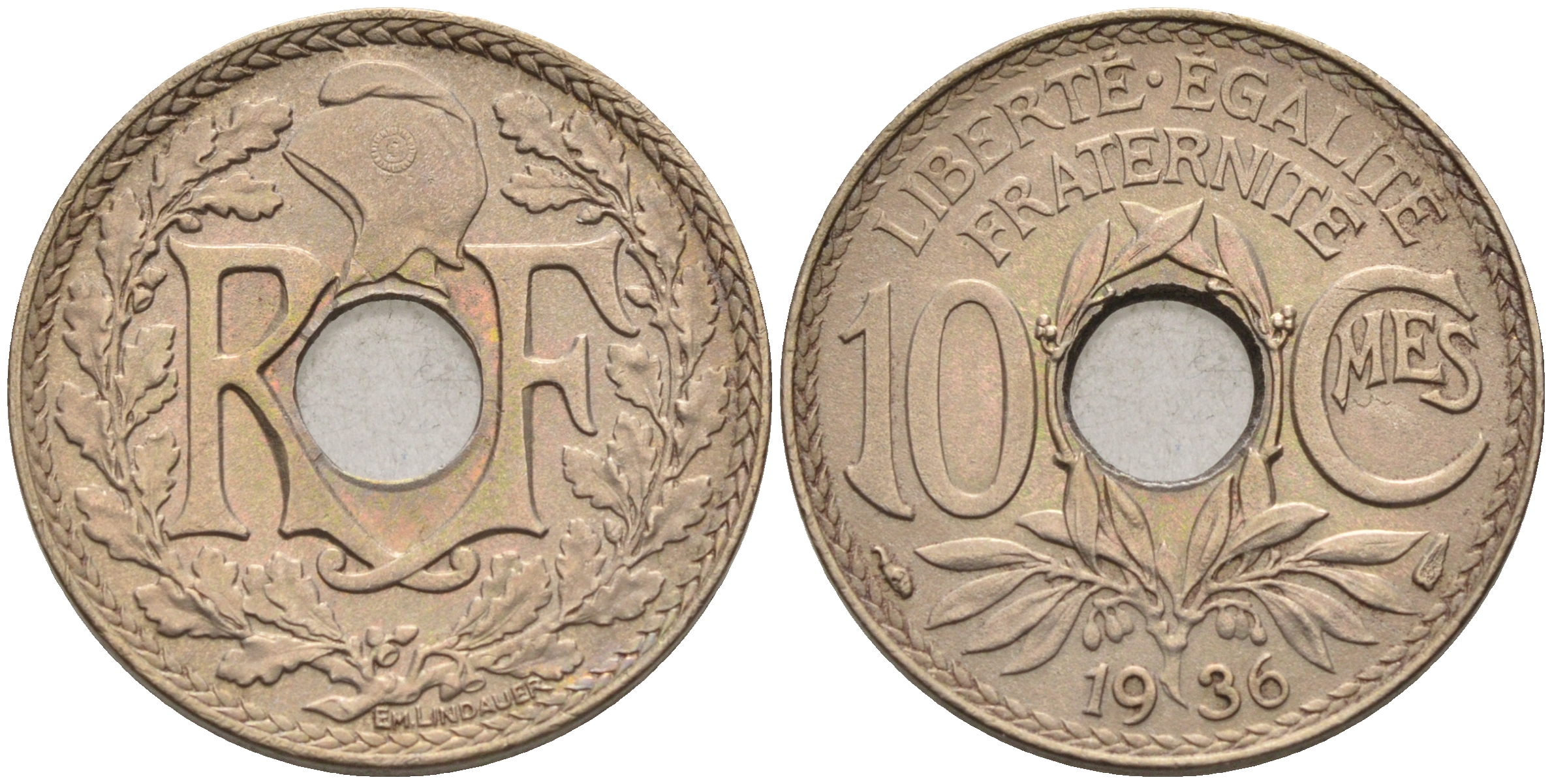 Франция 10 сантимов 1936 тип Линдайё KM 866а медно-никель 4116-512