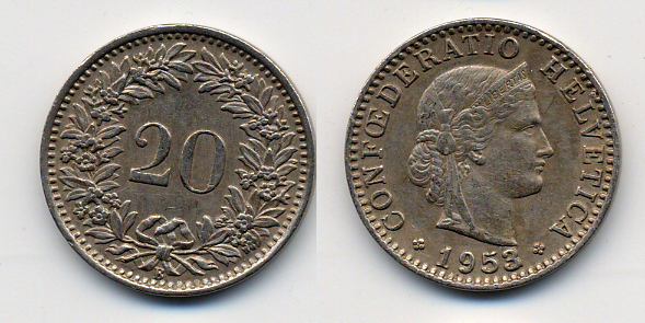 ШВЕЙЦАРИЯ 20 РАППЕНОВ 1958 KM 29a медно-никель 54-769