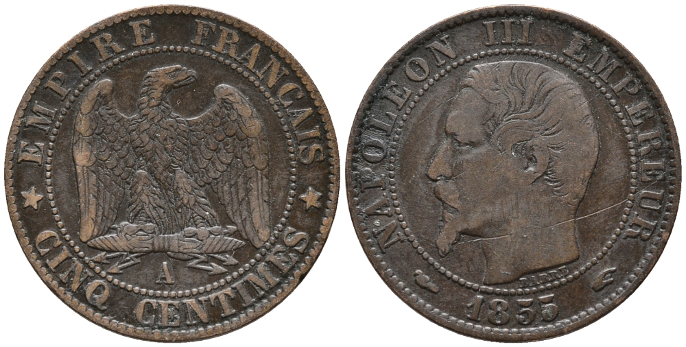 ФРАНЦИЯ 5 САНТИМОВ 1855 А, НАПОЛЕОН III (1852-1870) KM 777.1, LA FRANC 116.16 бронза 34-1215