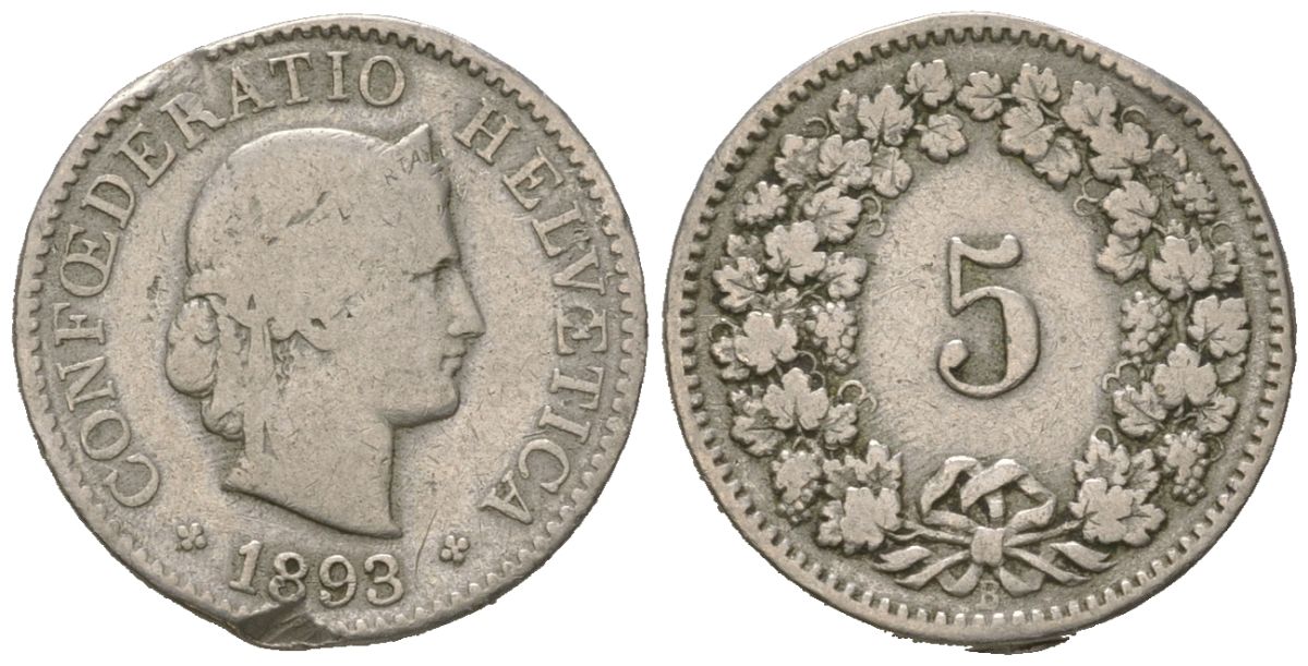 Швейцария 5 раппенов 1893 B KM 26 медно-никель 39-128