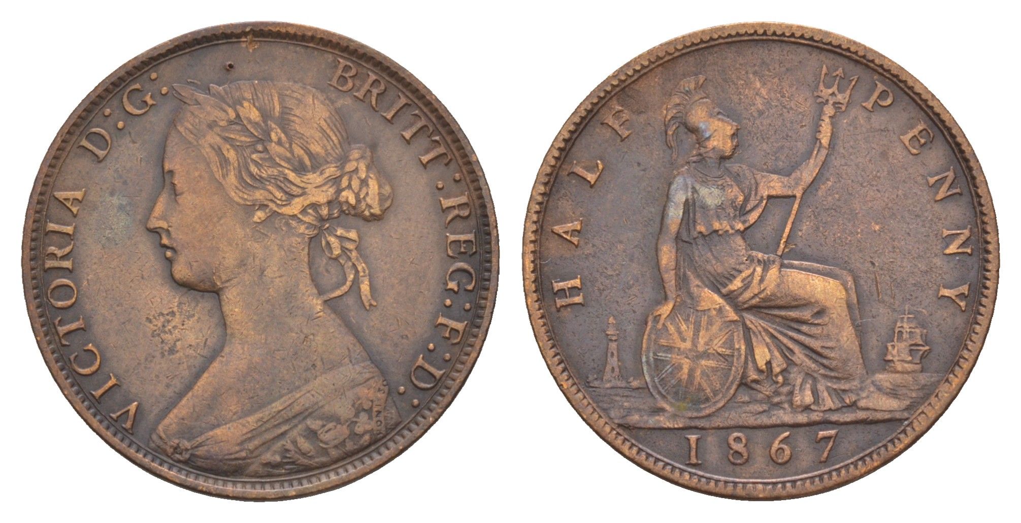 Великобритания 1/2 пенни 1867 Виктория (1837-1901) KM 748, Spink 3956 бронза 1520-821