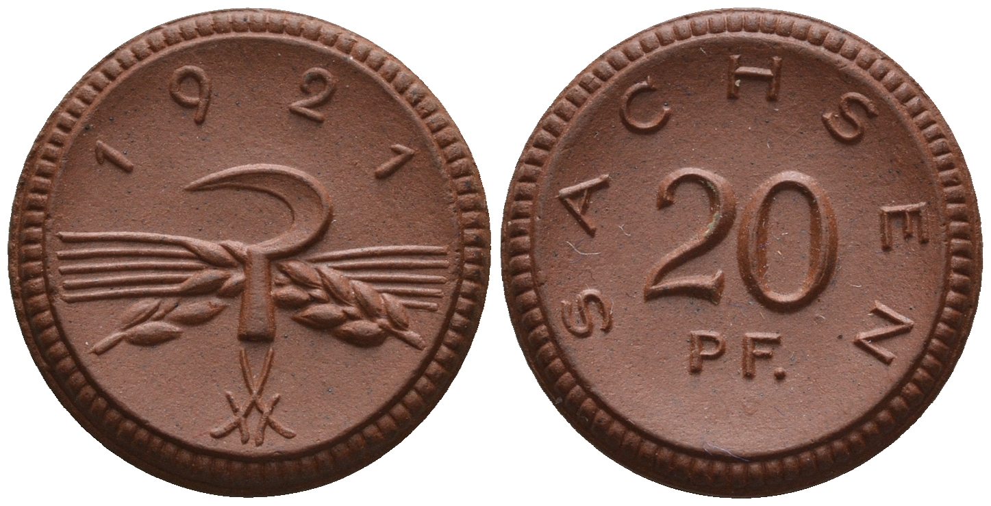 Саксония 20 пфеннигов 1921 колосья и серп J. N 53 фарфор UNC 1094-9-24