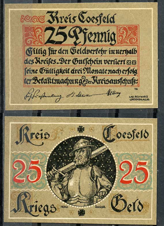Германия, Косфельд 25 пфеннигов 1918 нотгельд, без номера Tieste 1185.05.01 бумага UNC (пресс) 444-78-3-1