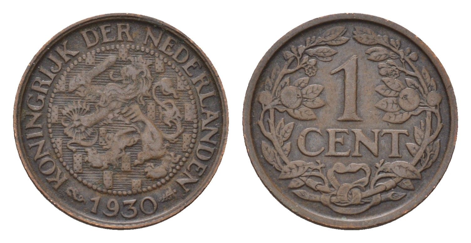 Нидерланды 1 цент 1930 Вильгельмина (1890-1948) KM 152 бронза 4674-1156