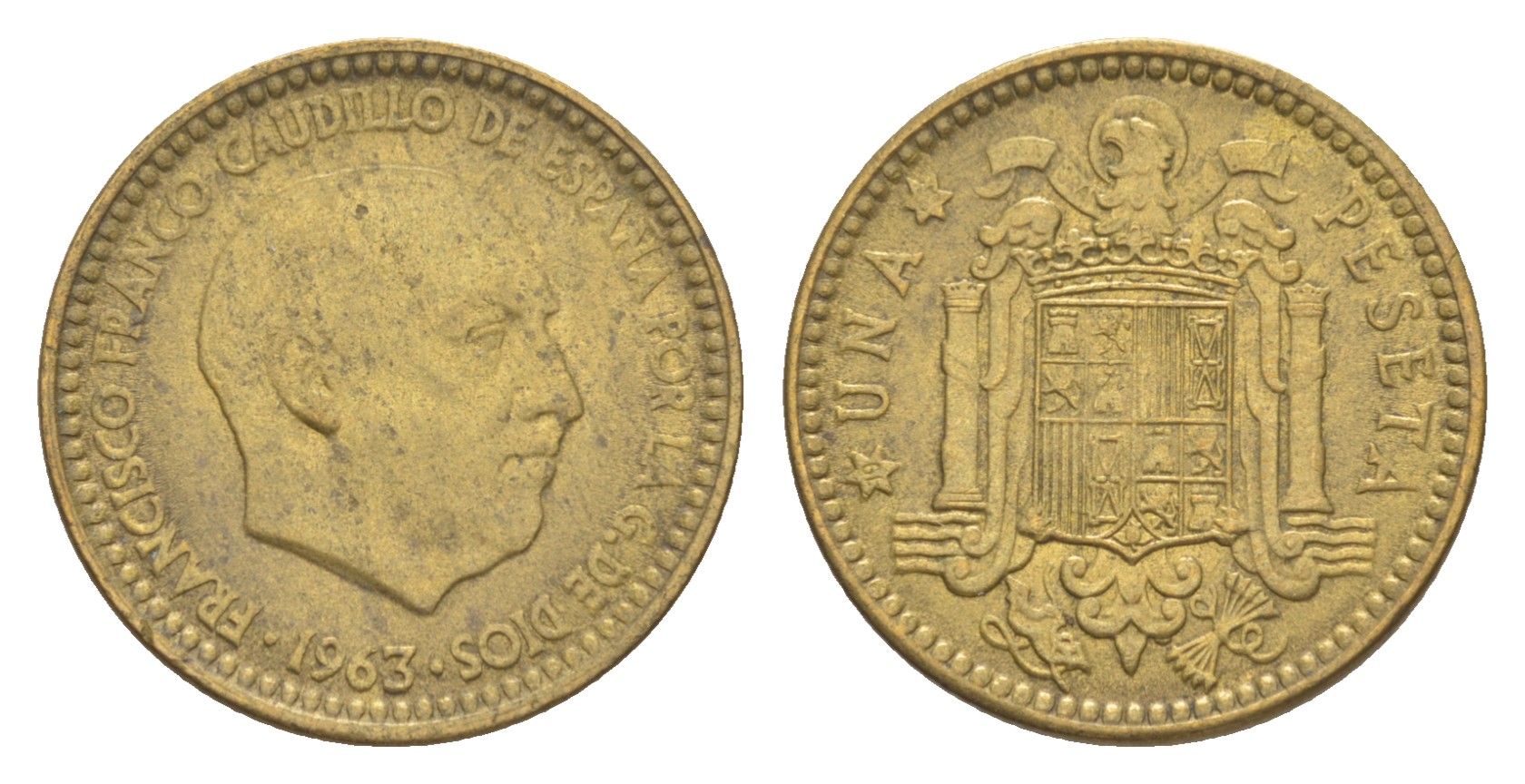 Испания 1 песета 1963 (63) Франсиско Франко (1939-1975) KM 775 алюминиевая бронза aUNC 4618-1255