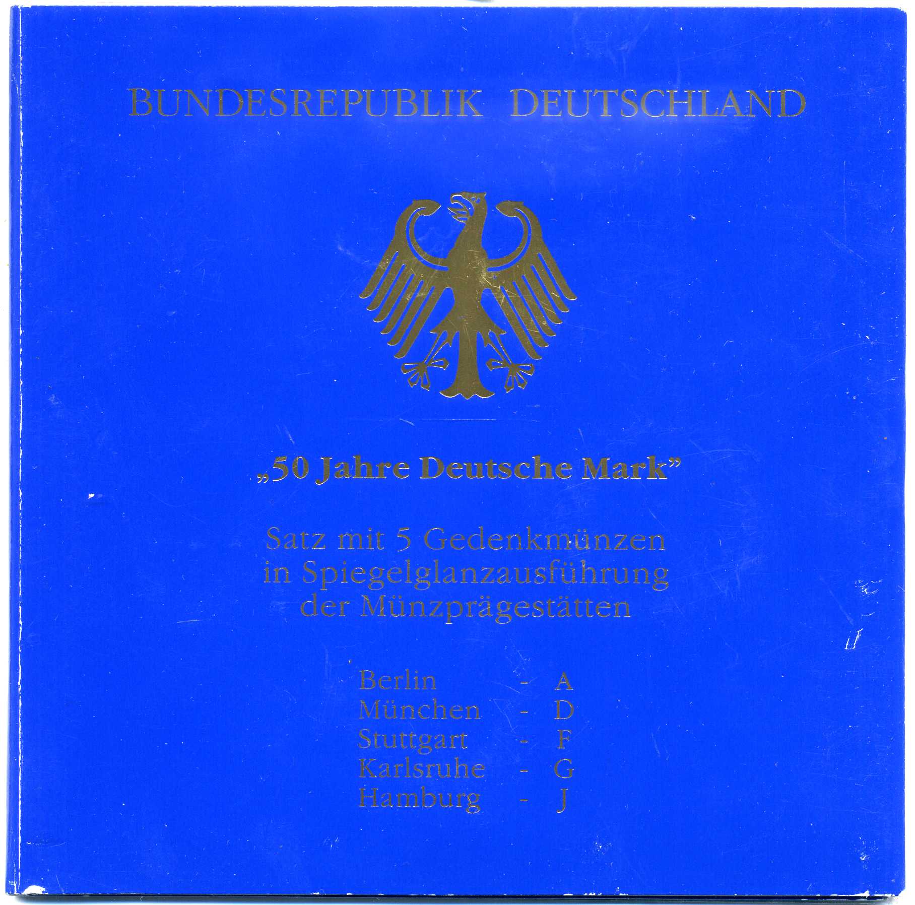 ФРГ набор из 5 штук по 10 марок 1998 A, D, F, G, J,  50 лет марке ФРГ KM 195 серебро PROOF 6-5-2-1