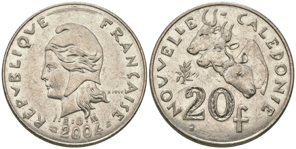 Французская Новая Каледония 20 франков 2004 три быка, (IEOM) KM 12, Schoen 14, Lec 115h никель 81-722