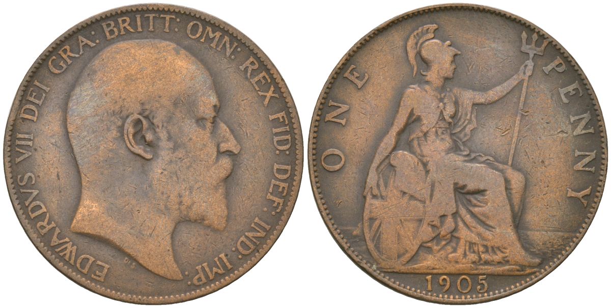 Великобритания 1 пенни 1905 Эдуард VII (1901-1910) KM 794.2, Spink 3990 бронза    4590-1113