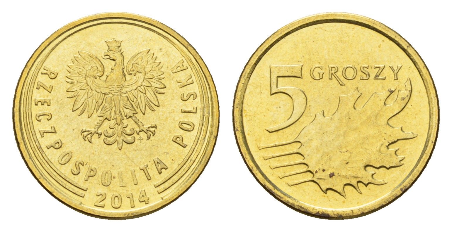 Польша 5 грошей 2014 Y 925 сталь плакированная латунью UNC 4615-545