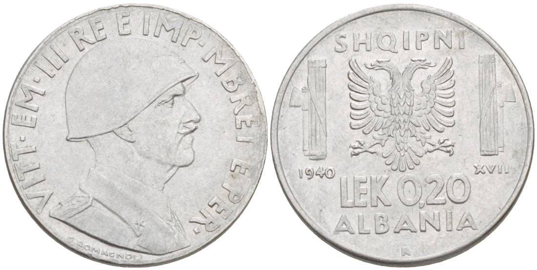 Албания 0,20 лека 1940 R, Итальянская оккупация KM 29 нержавеющая сталь 4538-126