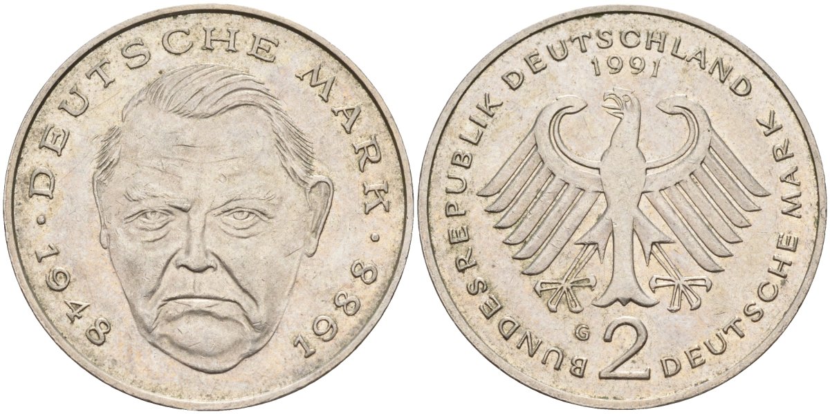 ФРГ 2 марки 1991 G , Людвиг Эрхард, 40 лет Федеративной Республике (1948-1988) KM 170, J. 445 медно-никель плакированный никелем 4583-616