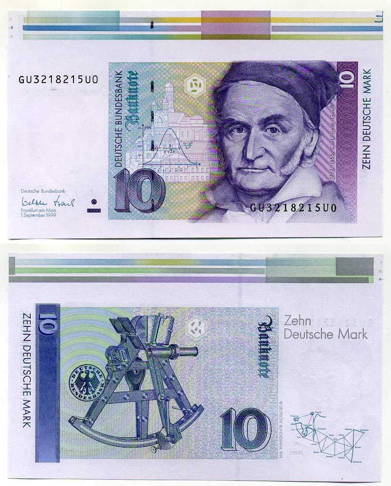 ФРГ 10 марок 1999 брак, 1 сентября 1999, Гаусс Pick 38 d, Розенберг 312 а бумага UNC (пресс) 450-36-2-1