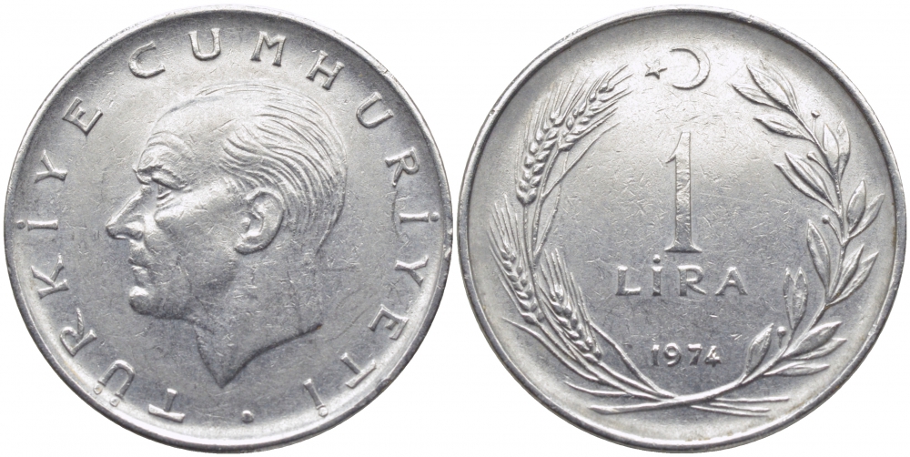 Турция 1 лира 1974 Мустафа Кемаль Ататюрк KM 889а.2 нержавеющая сталь 3856-847