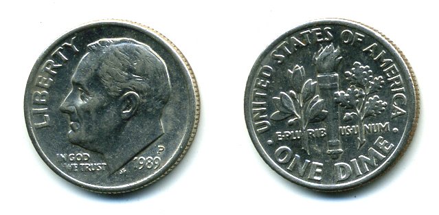 США 10 ЦЕНТОВ = 1 ДАЙМ 1989 P, РУЗВЕЛЬТ KM 195а медь плакированная медно-никелем 46-2513