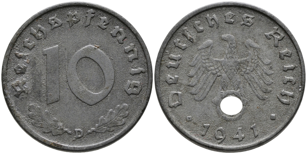 ГЕРМАНИЯ 10 РЕЙХСПФЕННИГОВ 1941 D KM 101, J.371 цинк 95-752