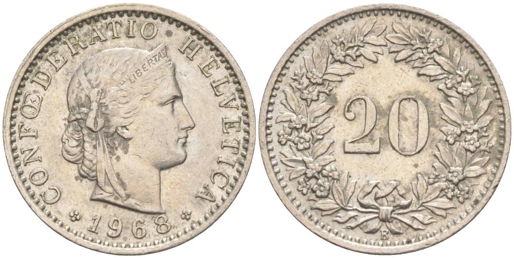 Швейцария 20 раппенов 1968 В KM 29a медно-никель 55-854