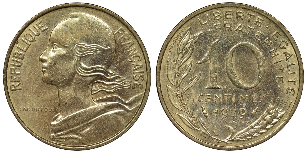 Франция 10 сантимов 1979 тип Marianne KM 929, Le Franc 144.19 медь алюминий никель 4128-212
