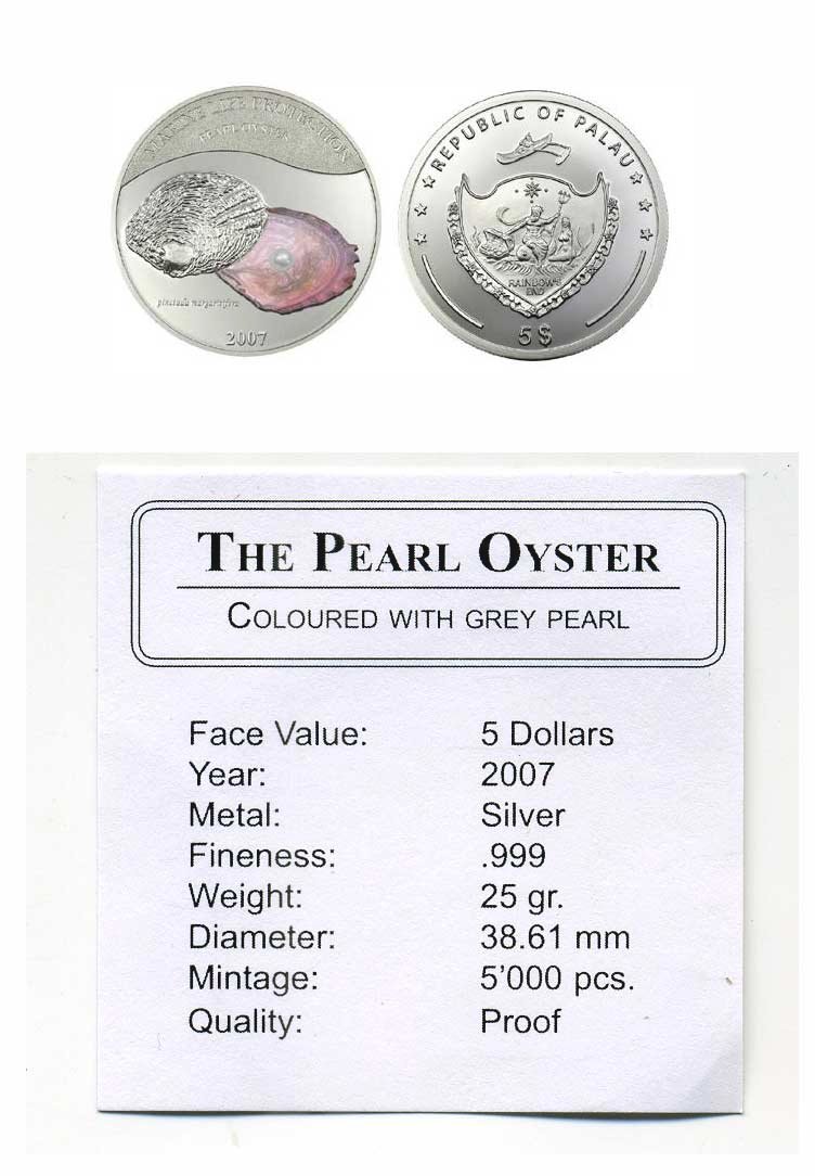 Палау 5 долларов 2007 серая жемчужина тираж 5000 экз серебро PROOF 4-5-3-09