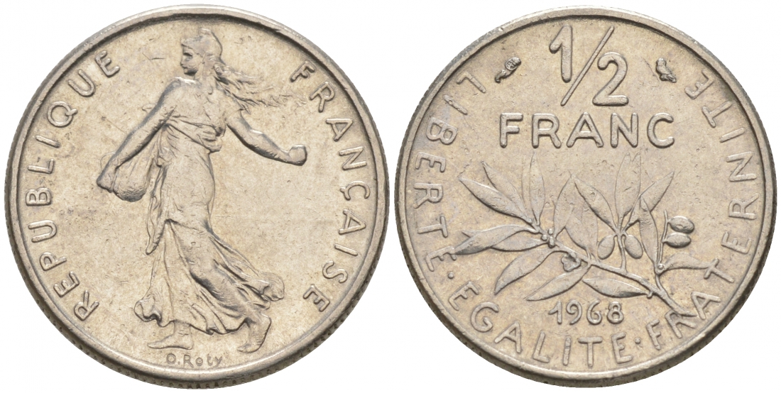ФРАНЦИЯ 1/2 ФРАНКА 1968 KM 931.1 никель 187-118