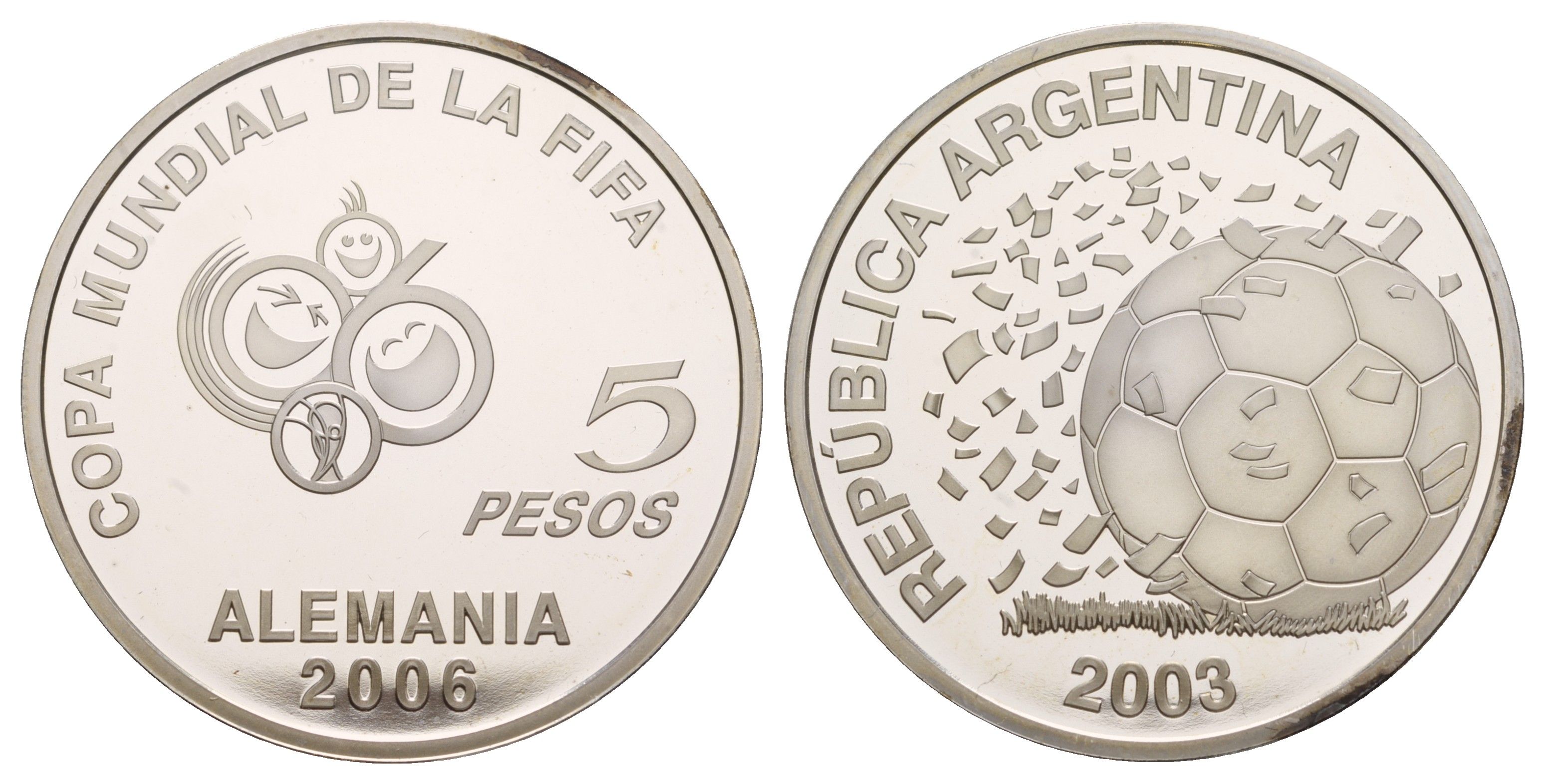 Аргентина 5 песо 2003 ФИФА - XVIII Чемпионат мира по футболу в Германии 2006 KM 143 серебро PROOF 11-080-24